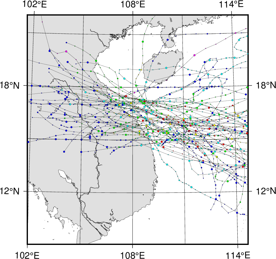 Figure 17.1. Orbits of storms affecting Vu Gia Thu Bon river basin, from 1952 to 2020. Source : National Institute of informatics, Japan